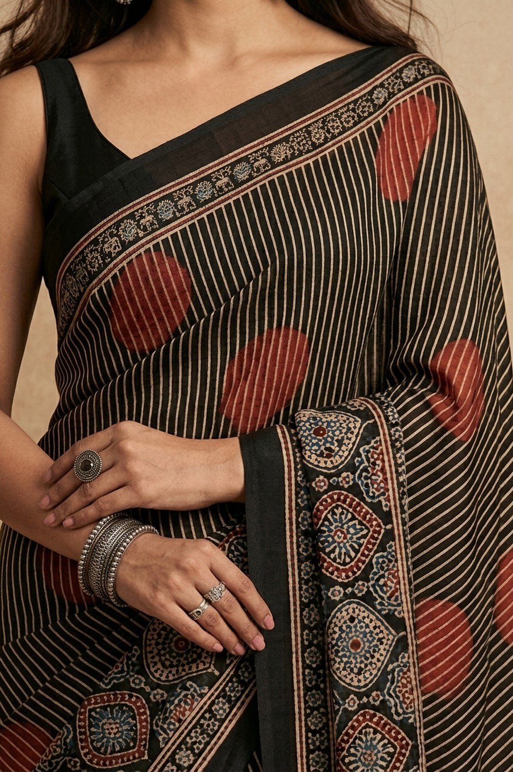 Mitti Ke Rang ~ Ajrakh Handblock Printed Modal Silk Saree with Stripe in Black - verymuchindian.com