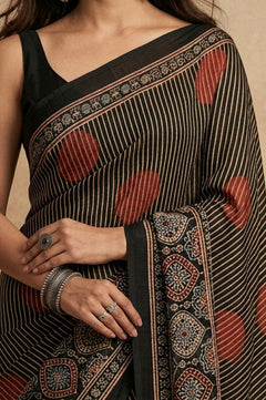 Mitti Ke Rang ~ Ajrakh Handblock Printed Modal Silk Saree with Stripe in Black - verymuchindian.com