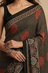 Mitti Ke Rang ~ Ajrakh Handblock Printed Modal Silk Saree with Stripe in Black - verymuchindian.com