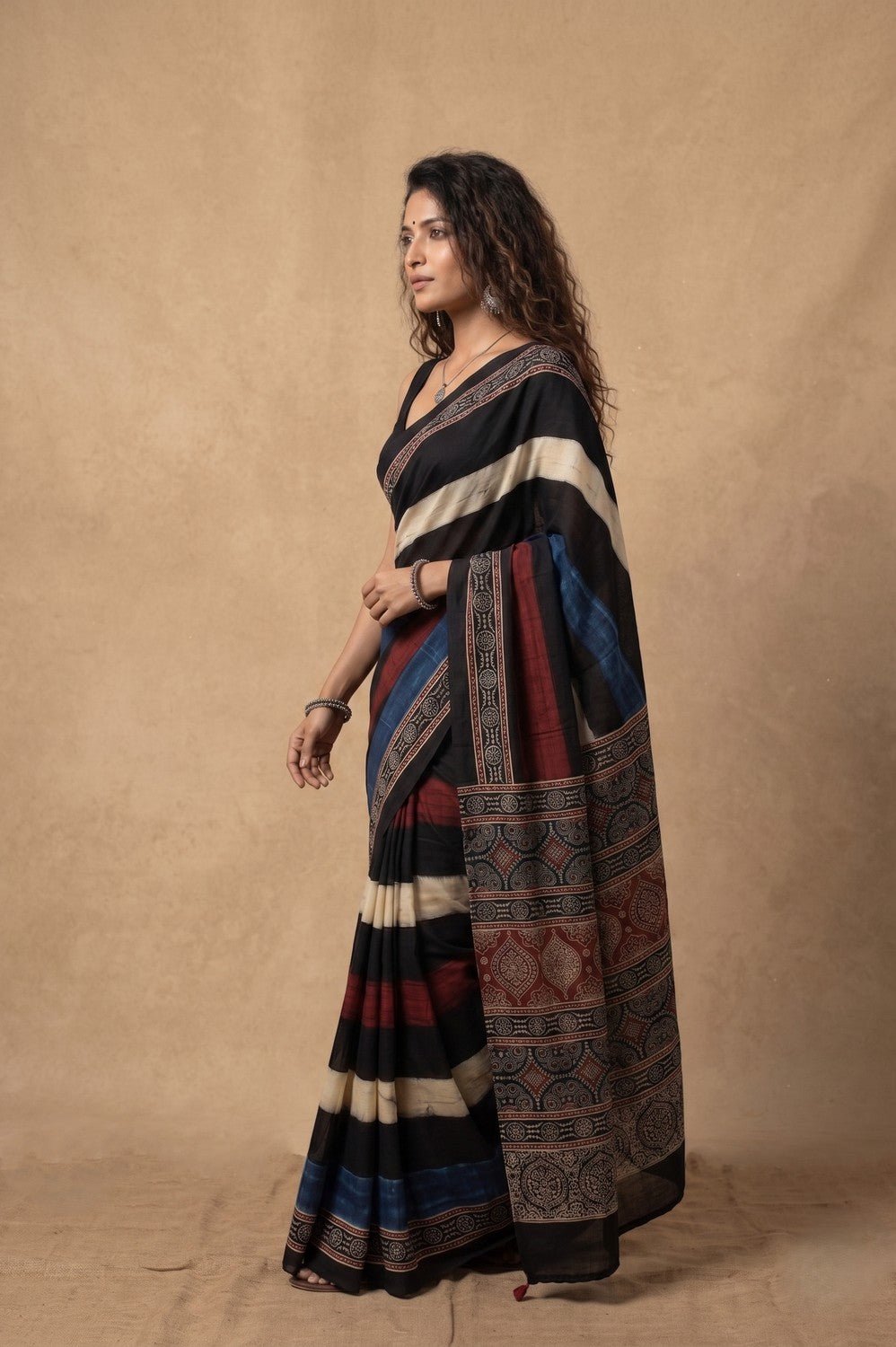 Mitti Ke Rang ~ Ajrakh Handblock Printed Modal Silk Saree with Stripe in Black - verymuchindian.com