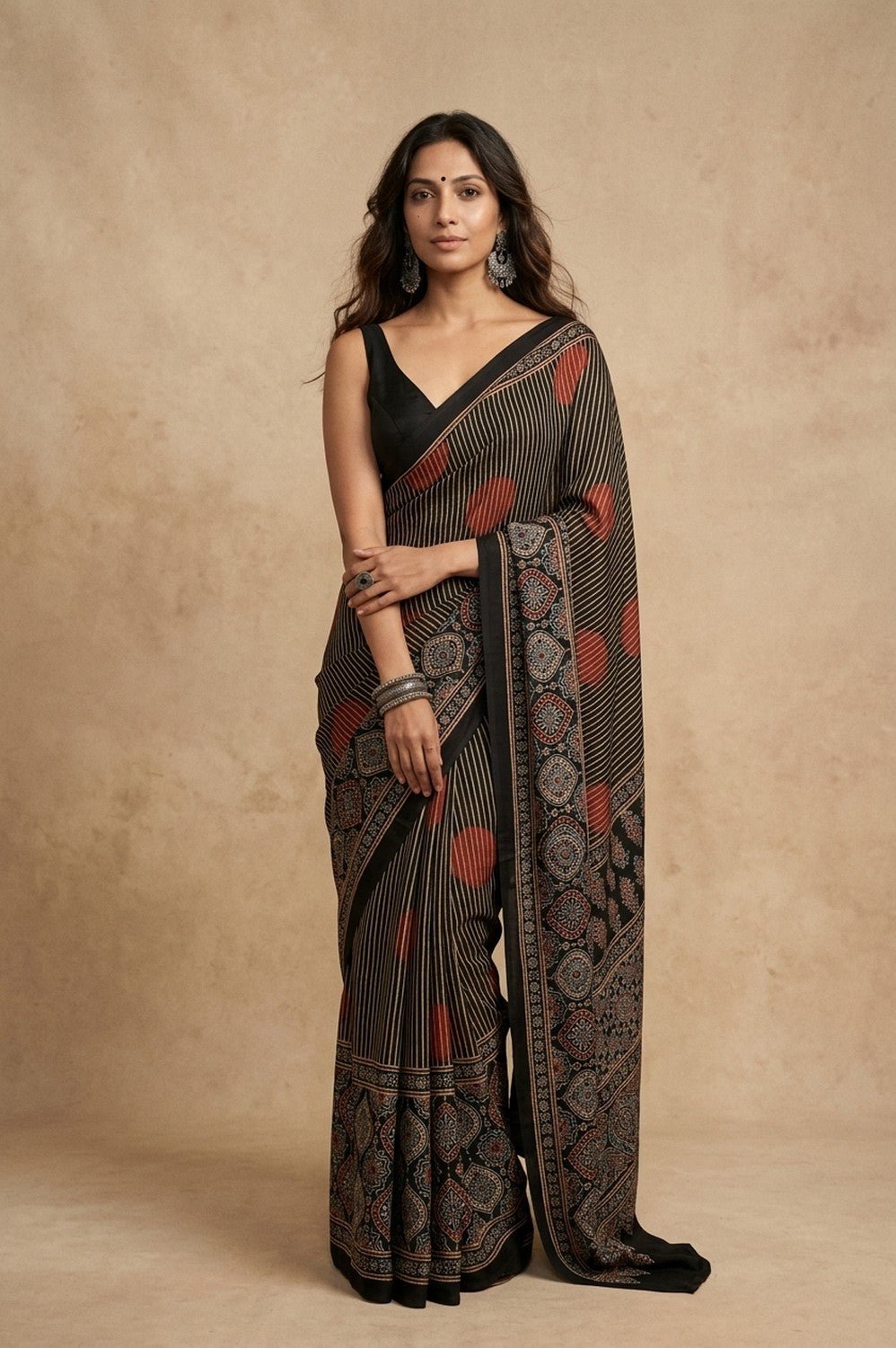 Mitti Ke Rang ~ Ajrakh Handblock Printed Modal Silk Saree with Stripe in Black - verymuchindian.com