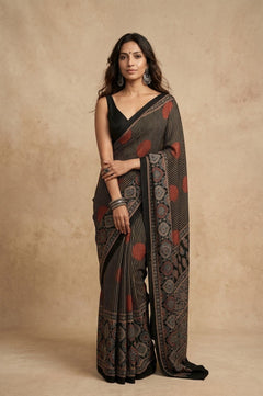 Mitti Ke Rang ~ Ajrakh Handblock Printed Modal Silk Saree with Stripe in Black - verymuchindian.com