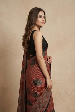 Mitti Ke Rang ~ Ajrakh Handblock Printed Modal Silk Saree with Stripe in Red - verymuchindian.com