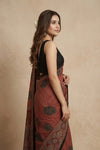 Mitti Ke Rang ~ Ajrakh Handblock Printed Modal Silk Saree with Stripe in Red - verymuchindian.com