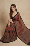 Mitti Ke Rang ~ Ajrakh Handblock Printed Modal Silk Saree with Stripe in Red - verymuchindian.com