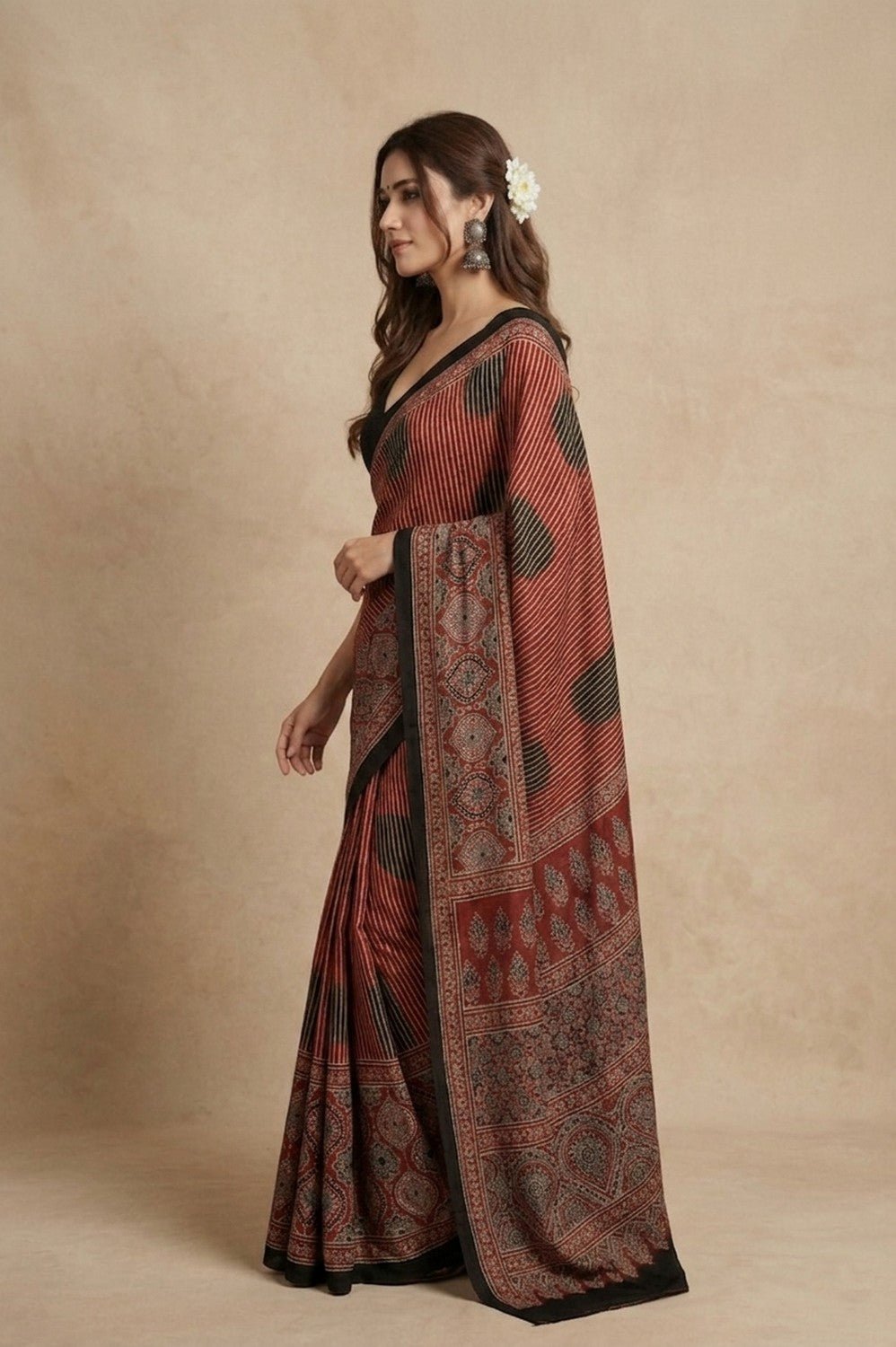Mitti Ke Rang ~ Ajrakh Handblock Printed Modal Silk Saree with Stripe in Red - verymuchindian.com