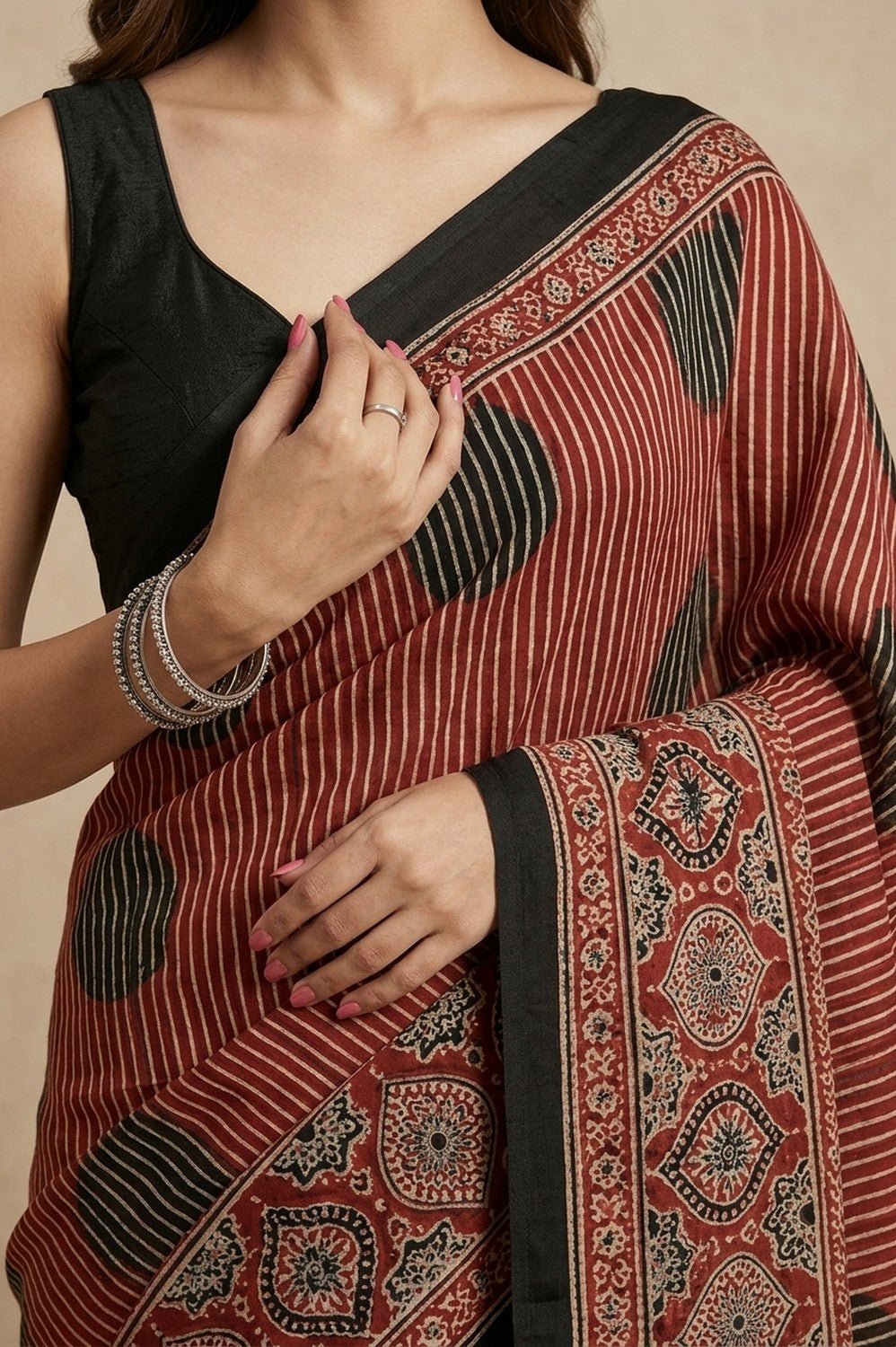 Mitti Ke Rang ~ Ajrakh Handblock Printed Modal Silk Saree with Stripe in Red - verymuchindian.com