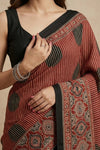 Mitti Ke Rang ~ Ajrakh Handblock Printed Modal Silk Saree with Stripe in Red - verymuchindian.com