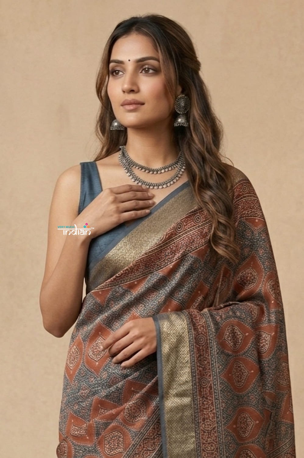Mitti Ke Rang ~ Ajrakh Printed Viscose Tissue Silk Saree in Earthy Brown - verymuchindian.com