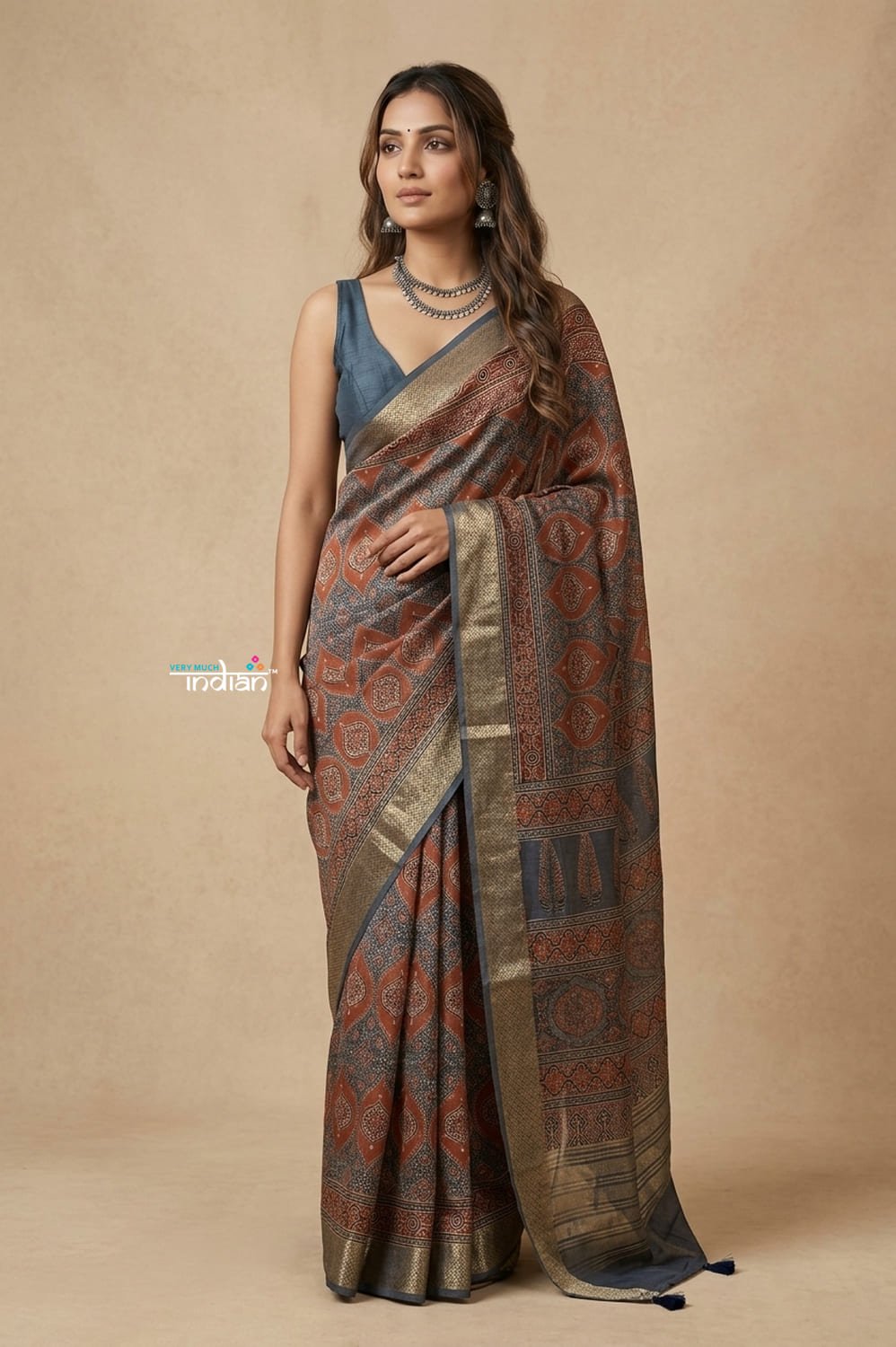 Mitti Ke Rang ~ Ajrakh Printed Viscose Tissue Silk Saree in Earthy Brown - verymuchindian.com