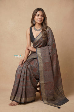 Mitti Ke Rang ~ Ajrakh Printed Viscose Tissue Silk Saree in Firstlight Grey - verymuchindian.com