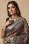 Mitti Ke Rang ~ Ajrakh Printed Viscose Tissue Silk Saree in Firstlight Grey - verymuchindian.com