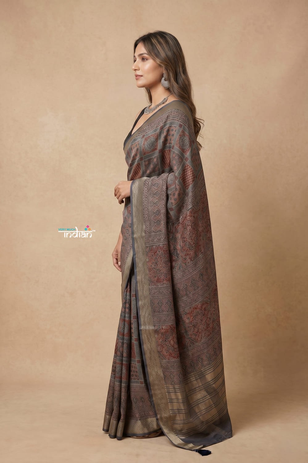 Mitti Ke Rang ~ Ajrakh Printed Viscose Tissue Silk Saree in Firstlight Grey - verymuchindian.com