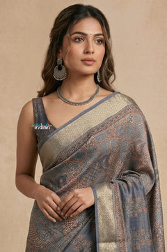 Mitti Ke Rang ~ Ajrakh Printed Viscose Tissue Silk Saree in Starlight Grey - verymuchindian.com
