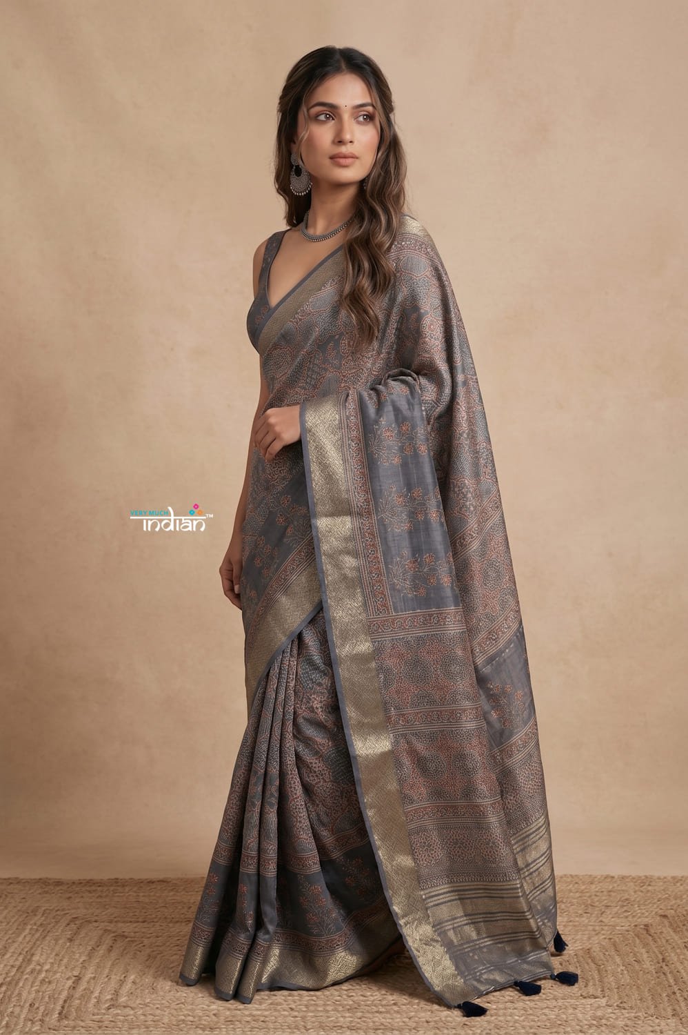 Mitti Ke Rang ~ Ajrakh Printed Viscose Tissue Silk Saree in Starlight Grey - verymuchindian.com