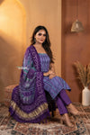 Mitti Ke Rang ~ Handcrafted Bandhani Leheriya Blue Purple Modal Silk Unstitched Suit Set - verymuchindian.com