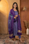 Mitti Ke Rang ~ Handcrafted Bandhani Leheriya Blue Purple Modal Silk Unstitched Suit Set - verymuchindian.com