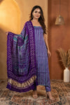 Mitti Ke Rang ~ Handcrafted Bandhani Leheriya Blue Purple Modal Silk Unstitched Suit Set - verymuchindian.com