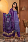 Mitti Ke Rang ~ Handcrafted Bandhani Leheriya Blue Purple Modal Silk Unstitched Suit Set - verymuchindian.com
