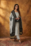 Mitti Ke Rang ~ Handcrafted Bandhani Leheriya In Black White Modal Silk Unstitched Suit Set - verymuchindian.com