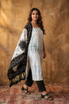 Mitti Ke Rang ~ Handcrafted Bandhani Leheriya In Black White Modal Silk Unstitched Suit Set - verymuchindian.com