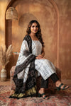 Mitti Ke Rang ~ Handcrafted Bandhani Leheriya In Black White Modal Silk Unstitched Suit Set - verymuchindian.com
