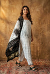 Mitti Ke Rang ~ Handcrafted Bandhani Leheriya In Black White Modal Silk Unstitched Suit Set - verymuchindian.com
