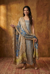 Mitti Ke Rang ~ Handcrafted Bandhani Leheriya In blue khaki Modal Silk Unstitched Suit Set - verymuchindian.com