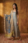 Mitti Ke Rang ~ Handcrafted Bandhani Leheriya In blue khaki Modal Silk Unstitched Suit Set - verymuchindian.com