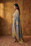 Mitti Ke Rang ~ Handcrafted Bandhani Leheriya In blue khaki Modal Silk Unstitched Suit Set - verymuchindian.com