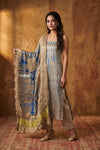Mitti Ke Rang ~ Handcrafted Bandhani Leheriya In blue khaki Modal Silk Unstitched Suit Set - verymuchindian.com