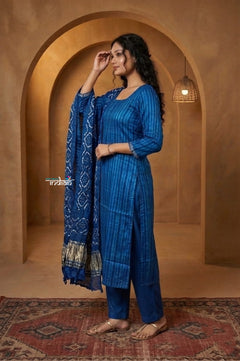 Mitti Ke Rang ~ Handcrafted Bandhani Leheriya in Blue Modal Silk Unstitched Suit Set - verymuchindian.com