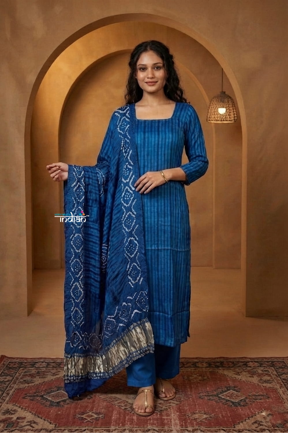 Mitti Ke Rang ~ Handcrafted Bandhani Leheriya in Blue Modal Silk Unstitched Suit Set - verymuchindian.com