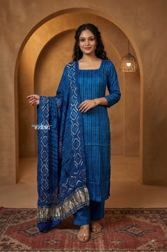 Mitti Ke Rang ~ Handcrafted Bandhani Leheriya in Blue Modal Silk Unstitched Suit Set - verymuchindian.com
