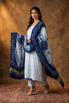 Mitti Ke Rang ~ Handcrafted Bandhani Leheriya in Blue White Modal Silk Unstitched Suit Set - verymuchindian.com