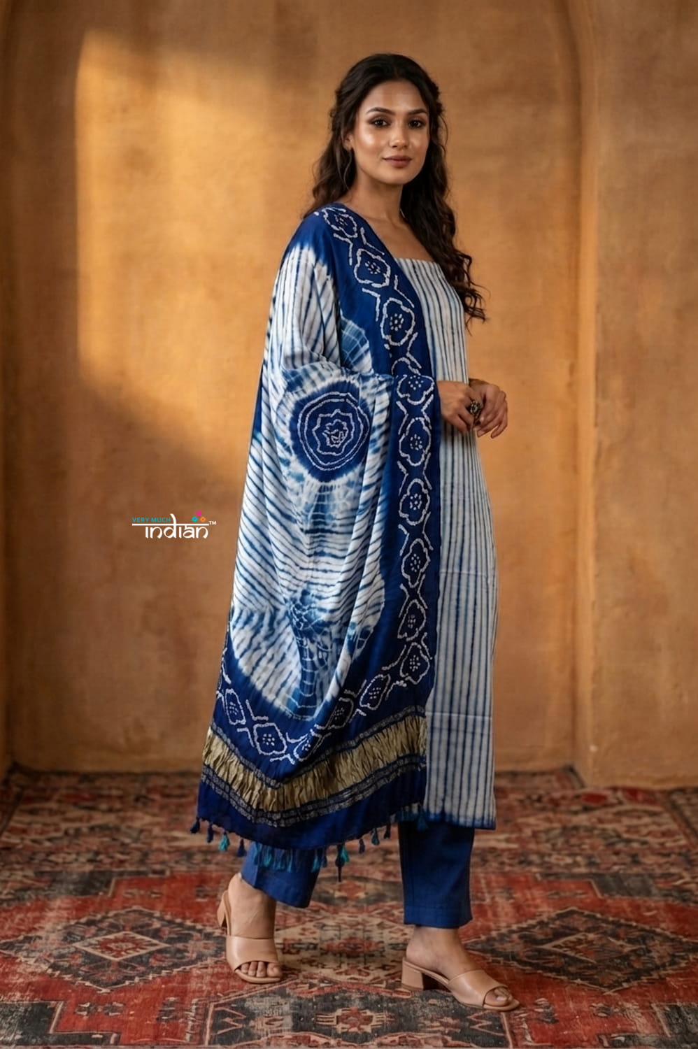 Mitti Ke Rang ~ Handcrafted Bandhani Leheriya In Blue White Modal Silk Unstitched Suit Set - verymuchindian.com