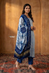 Mitti Ke Rang ~ Handcrafted Bandhani Leheriya In Blue White Modal Silk Unstitched Suit Set - verymuchindian.com