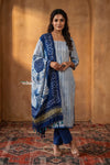 Mitti Ke Rang ~ Handcrafted Bandhani Leheriya In Blue White Modal Silk Unstitched Suit Set - verymuchindian.com