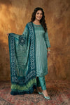 Mitti Ke Rang ~ Handcrafted Bandhani Leheriya in Green Modal Silk Unstitched Suit Set - verymuchindian.com