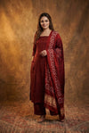 Mitti Ke Rang ~ Handcrafted Bandhani Leheriya in Maroon Modal Silk Unstitched Suit Set - verymuchindian.com