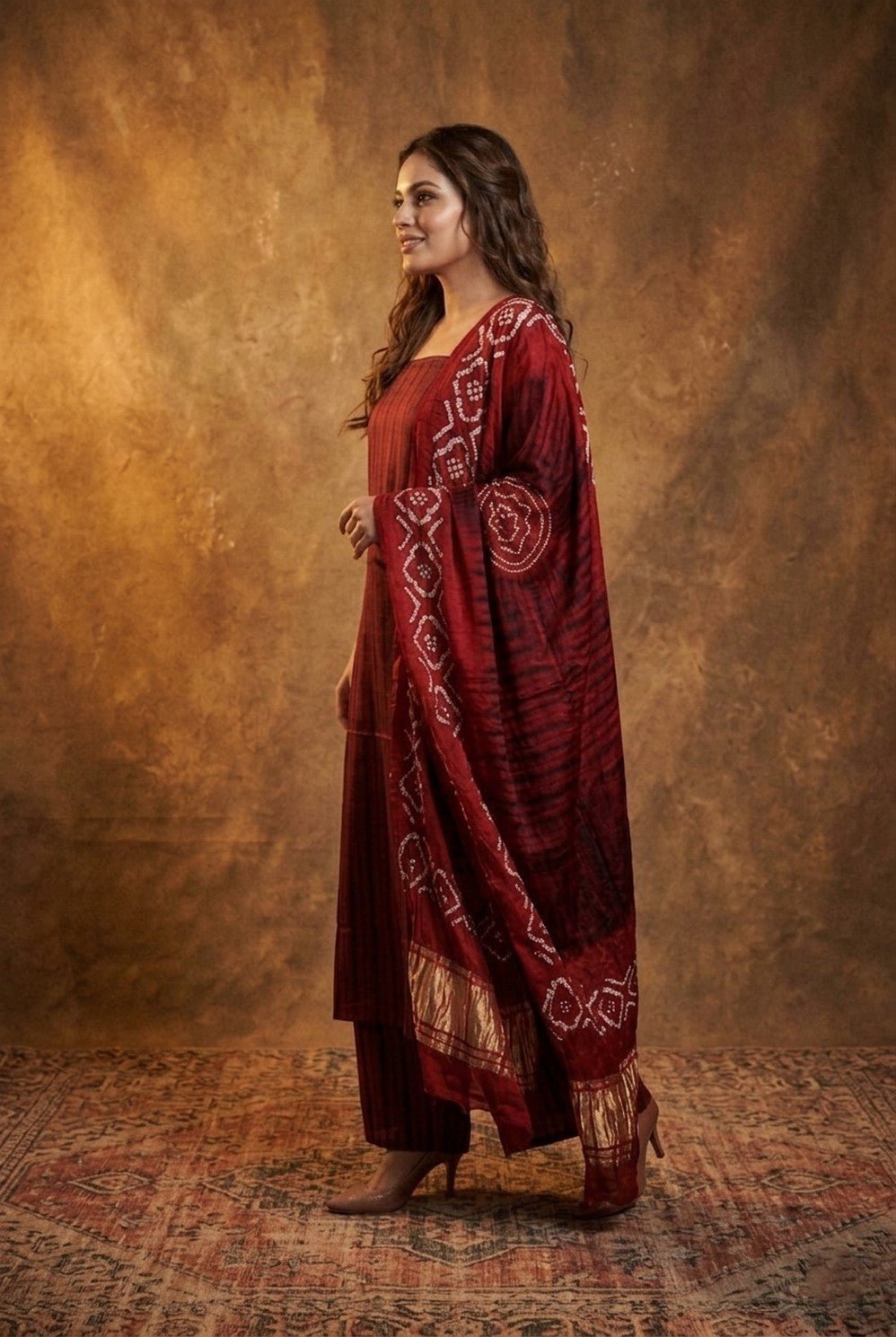 Mitti Ke Rang ~ Handcrafted Bandhani Leheriya in Maroon Modal Silk Unstitched Suit Set - verymuchindian.com