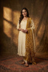 Mitti Ke Rang ~ Handcrafted Bandhani Leheriya in Mustard & White Modal Silk Unstitched Suit Set - verymuchindian.com