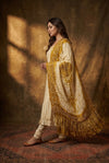 Mitti Ke Rang ~ Handcrafted Bandhani Leheriya in Mustard & White Modal Silk Unstitched Suit Set - verymuchindian.com