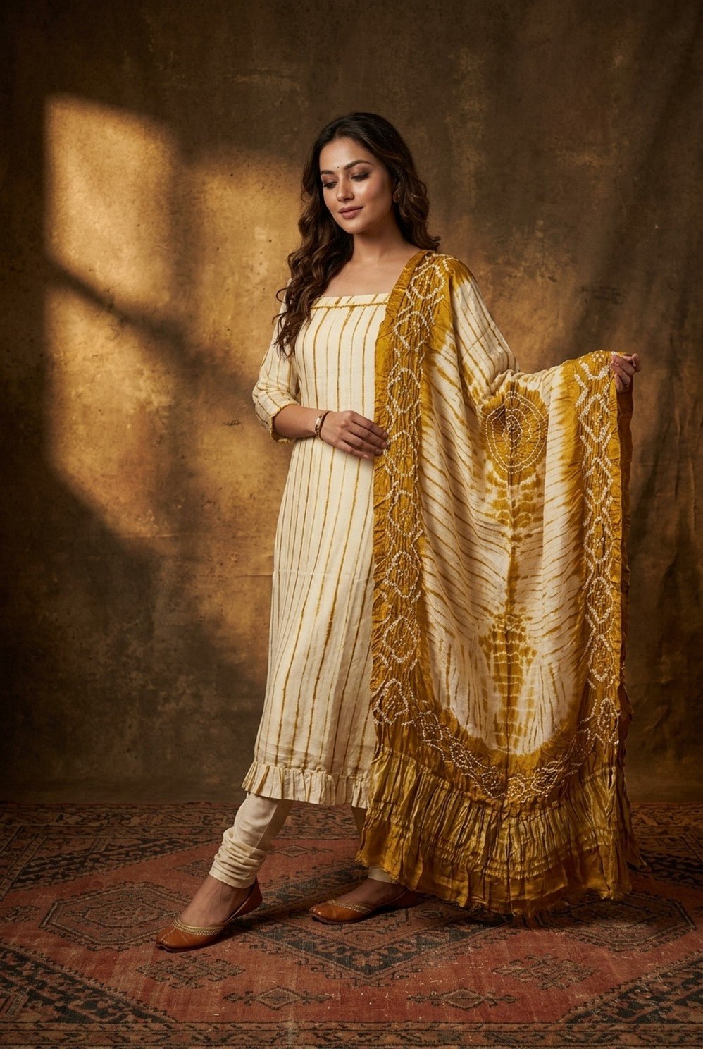 Mitti Ke Rang ~ Handcrafted Bandhani Leheriya in Mustard & White Modal Silk Unstitched Suit Set - verymuchindian.com