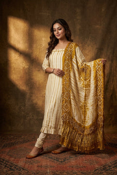 Mitti Ke Rang ~ Handcrafted Bandhani Leheriya in Mustard & White Modal Silk Unstitched Suit Set - verymuchindian.com