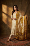 Mitti Ke Rang ~ Handcrafted Bandhani Leheriya in Mustard & White Modal Silk Unstitched Suit Set - verymuchindian.com
