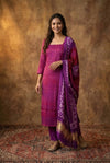 Mitti Ke Rang ~ Handcrafted Bandhani Leheriya In Pink and Violet Modal Silk Unstitched Suit Set - verymuchindian.com