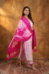 Mitti Ke Rang ~ Handcrafted Bandhani Leheriya in Pink White Modal Silk Unstitched Suit Set - verymuchindian.com