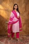 Mitti Ke Rang ~ Handcrafted Bandhani Leheriya in Pink White Modal Silk Unstitched Suit Set - verymuchindian.com