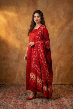 Mitti Ke Rang ~ Handcrafted Bandhani Leheriya in Red Modal Silk Unstitched Suit Set - verymuchindian.com